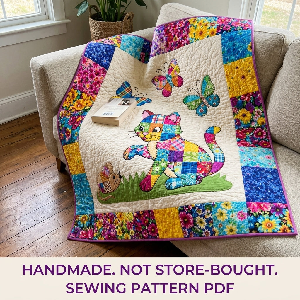Patchwork Cat and Butterflies Quilt Sewing Pattern PDF – Scrappy Appliqué Quilt