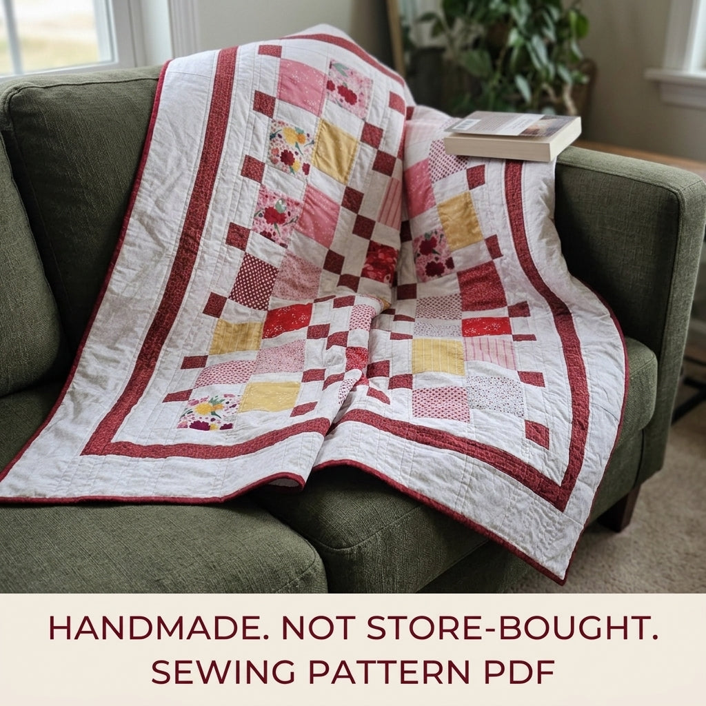 Burgundy Steps Squares Quilt Sewing Pattern PDF – Big Print Squares with Stepping Cornerstones