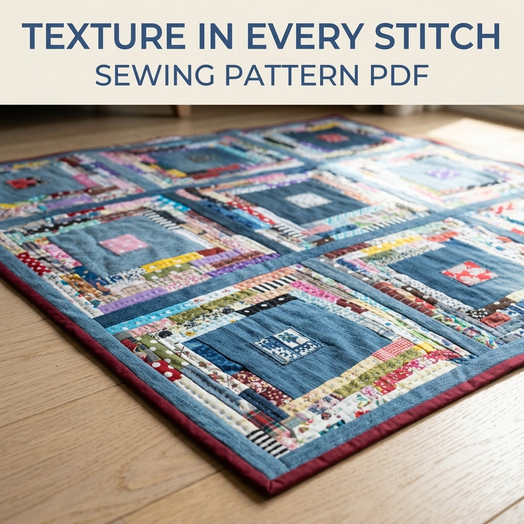 Scrappy Denim Square Quilt Sewing Pattern PDF – Upcycled Jeans Log Cabin Quilt