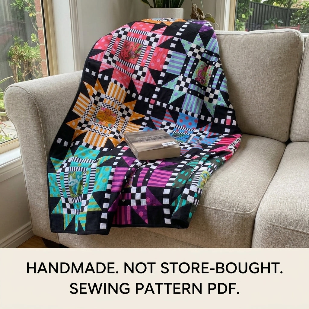 Star Checker Frame Quilt Pattern PDF – Bold Fussy Cut Star Block Quilt on Black