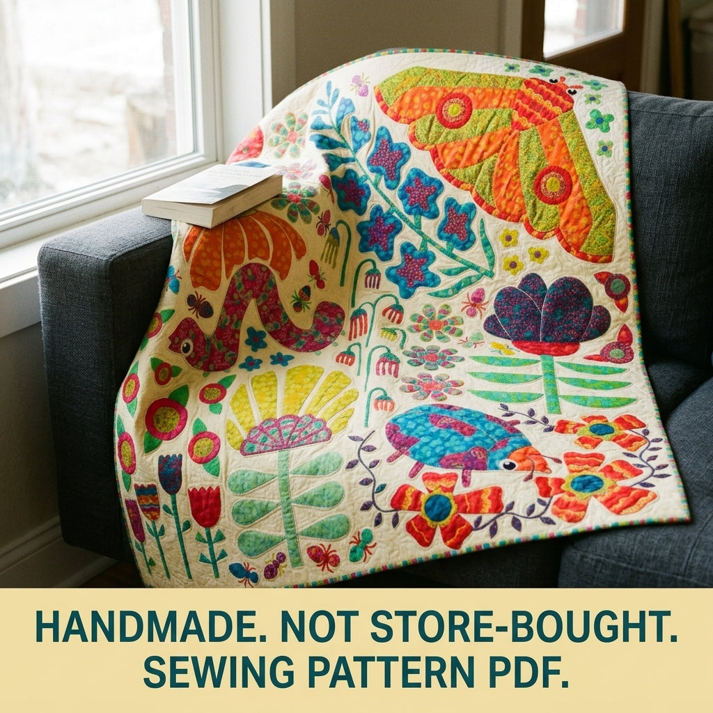 Folk Garden Appliqué Quilt Pattern PDF – Bold Flower and Bug Statement Quilt