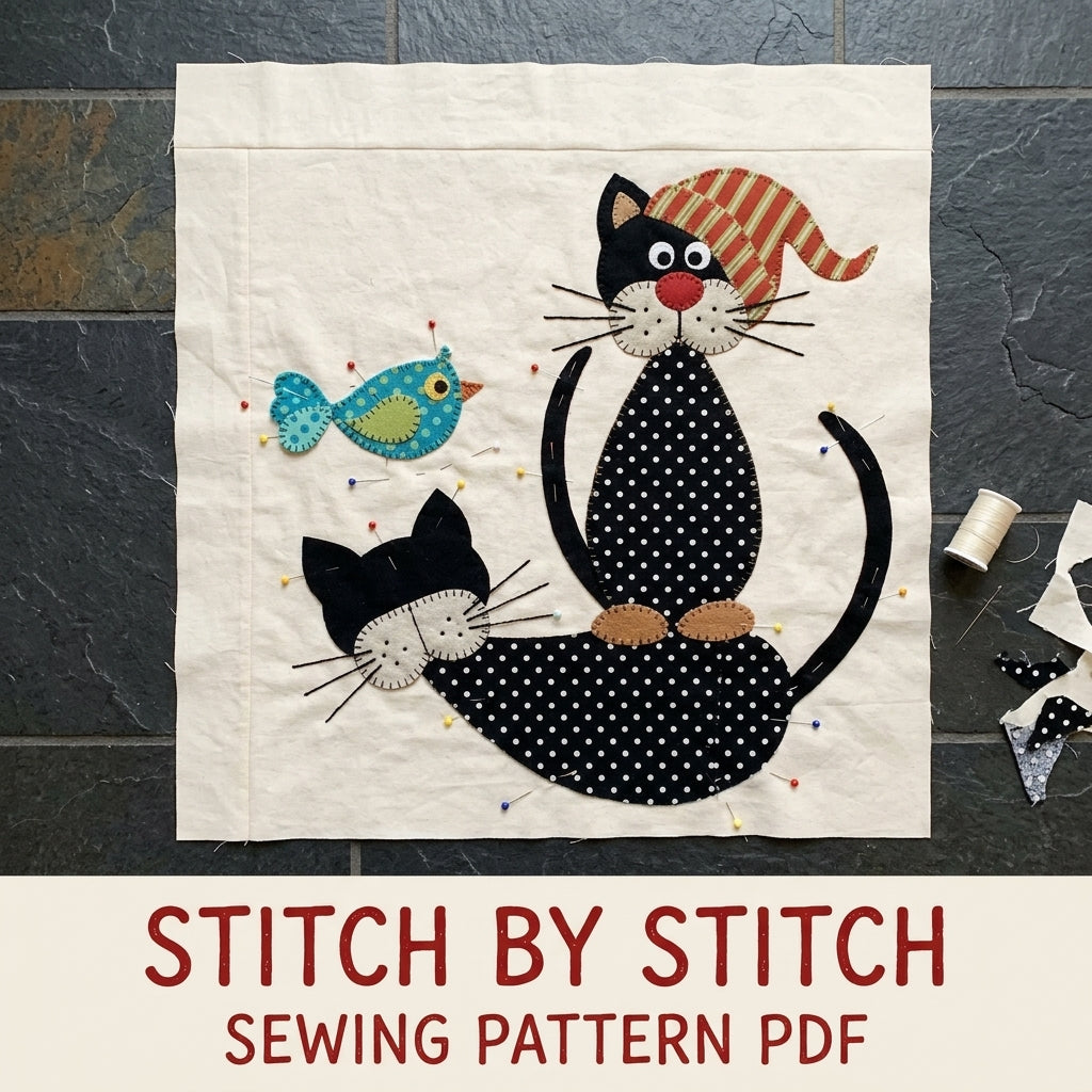 Polka Dot Cats Quilt Sewing Pattern PDF – Folk Cat Appliqué Lap Quilt
