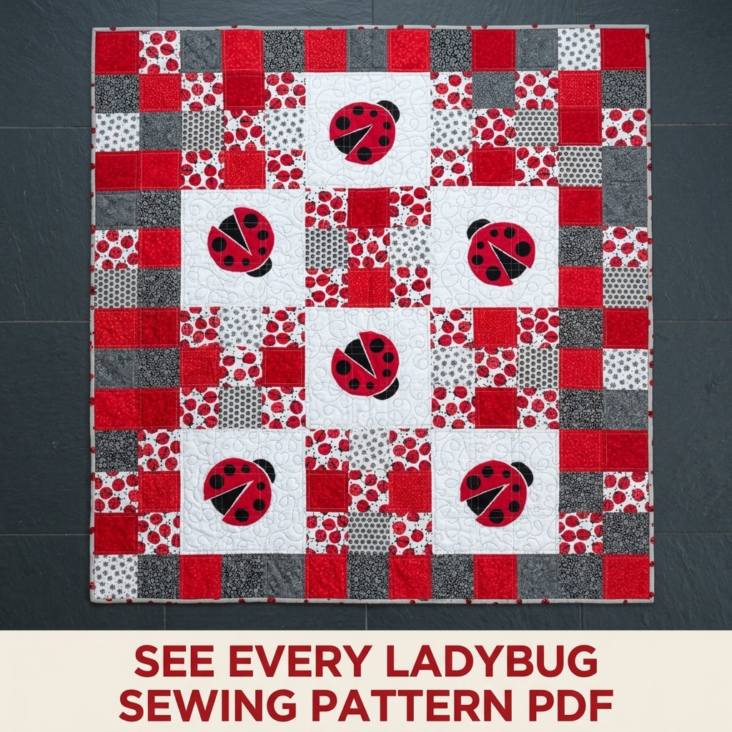Scrappy Ladybug Patchwork Quilt Sewing Pattern PDF – Red and White Appliqué Quilt
