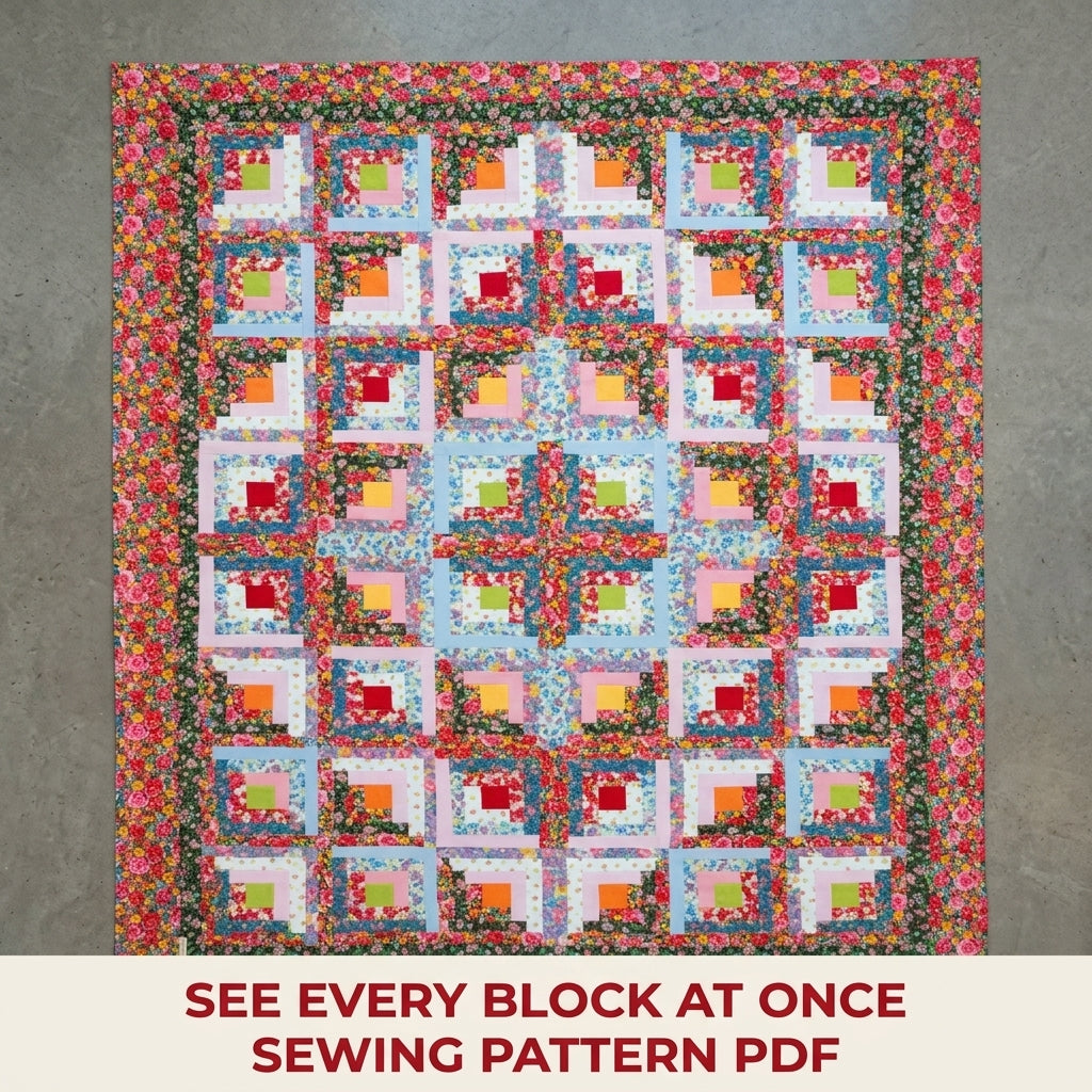 Bright Floral Log Cabin Quilt Sewing Pattern PDF – Classic Log Cabin with Rose Border