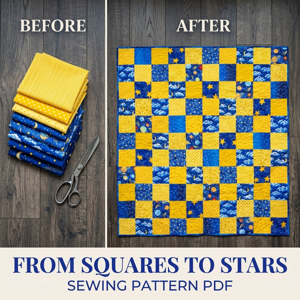 Star and Moon Checkerboard Quilt Sewing Pattern PDF – Easy Kids Square Quilt