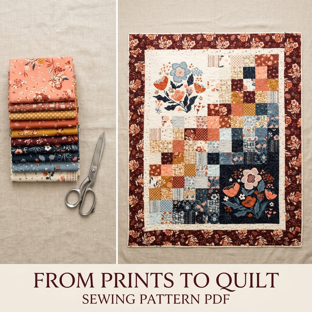 Navy and Burgundy Floral Panel Squares Quilt Sewing Pattern PDF – Easy Quilt with Two Large Print Blocks