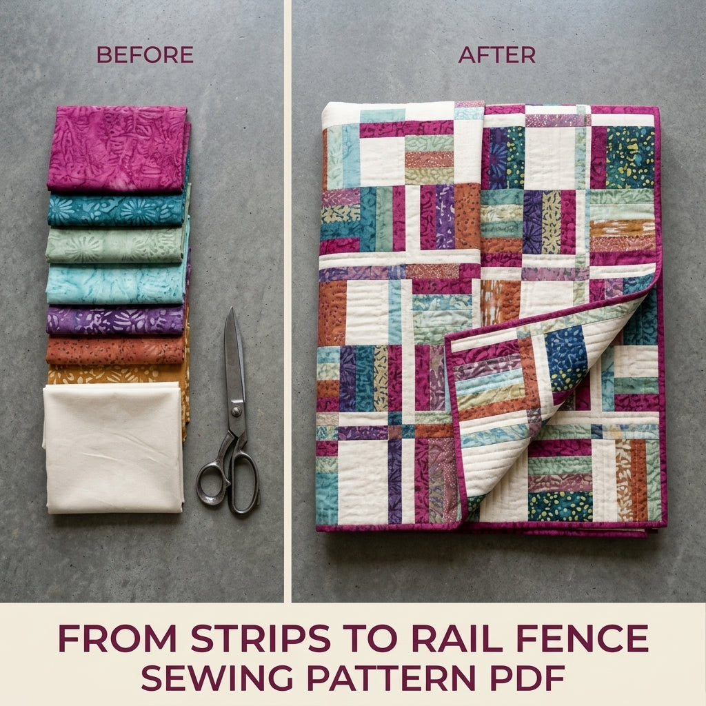 Modern Rail Fence Quilt Pattern PDF – Scrappy Strip Throw Quilt for Batik Fabrics