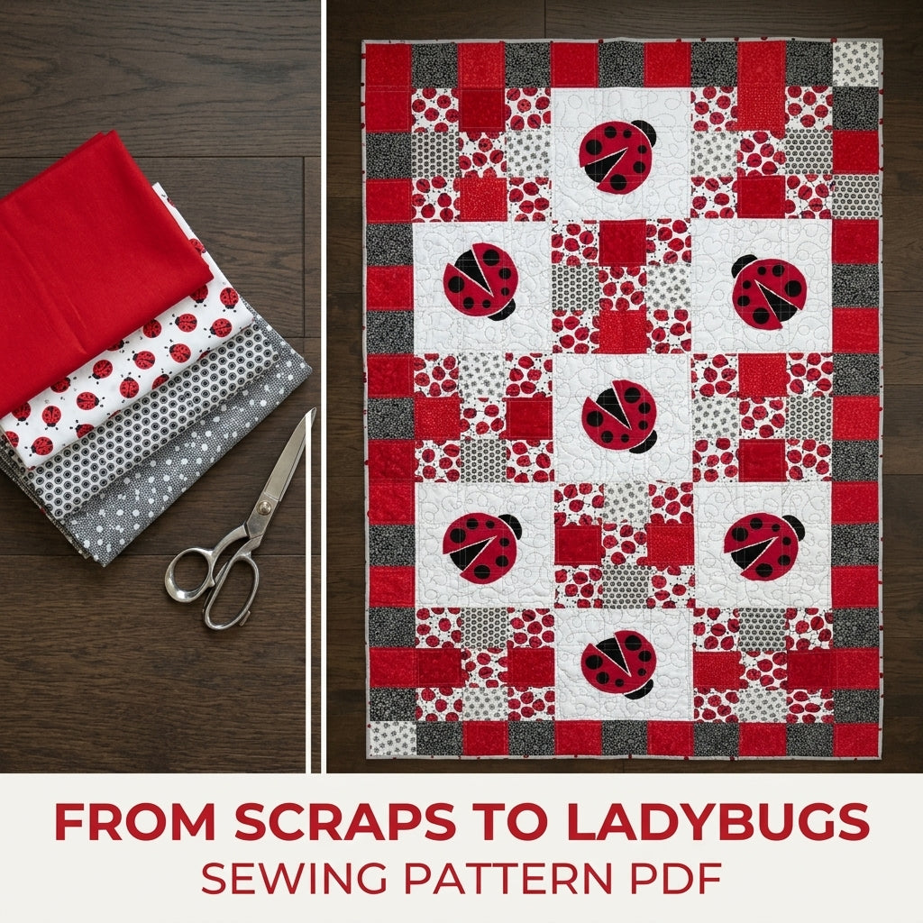 Ladybug Patchwork Quilt Sewing Pattern PDF – Appliqué Ladybug Squares Quilt