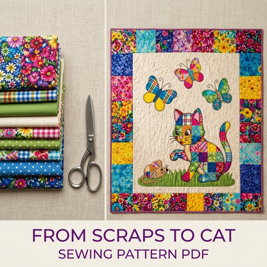 Patchwork Cat and Butterflies Quilt Sewing Pattern PDF – Scrappy Appliqué Quilt