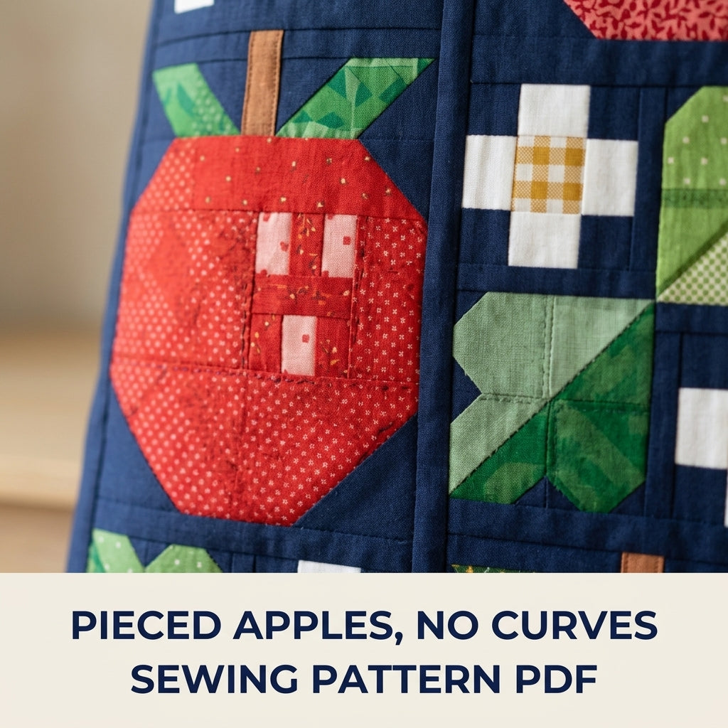 Apple Orchard Quilt Pattern PDF – Pieced Apple and Blossom Block Throw on Navy