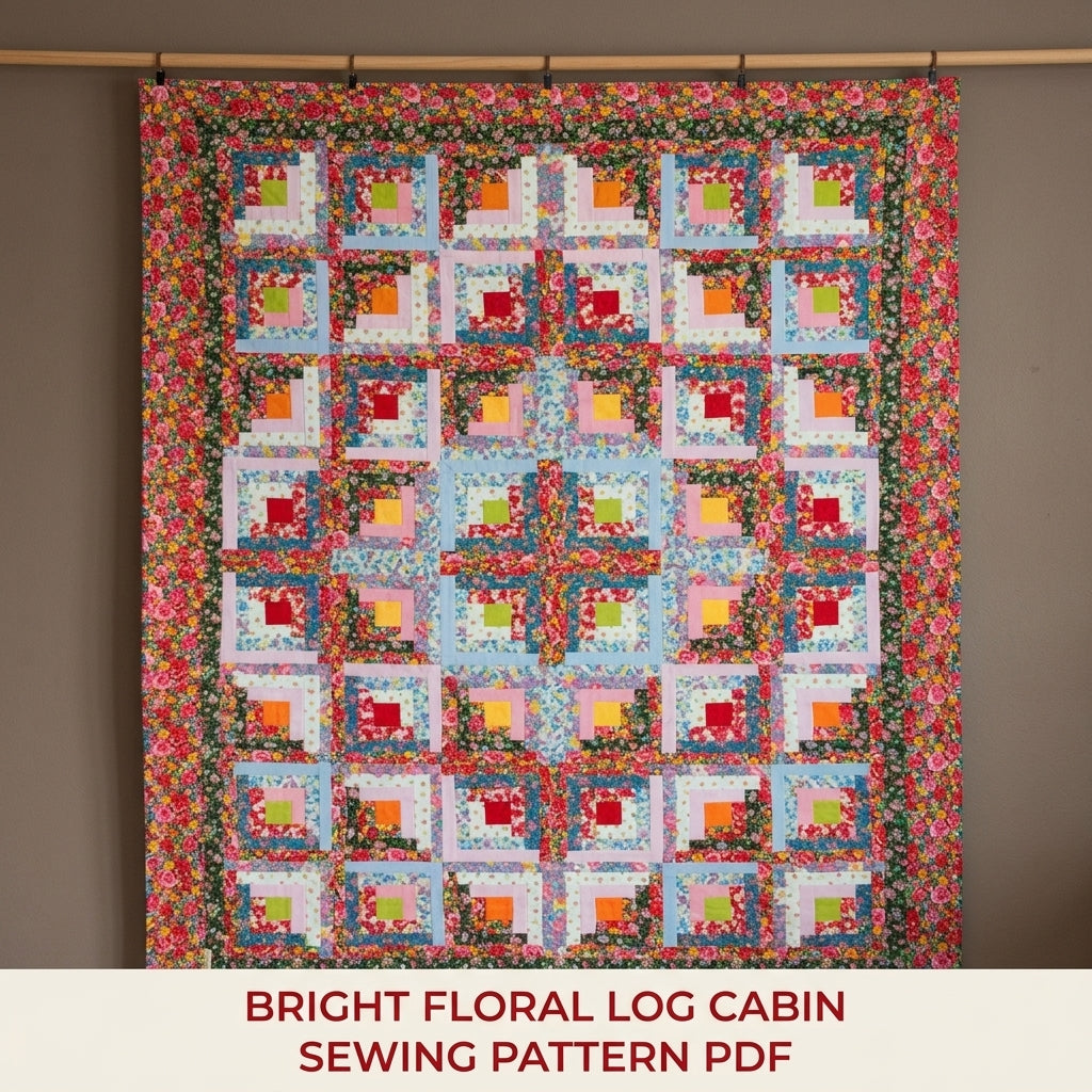 Bright Floral Log Cabin Quilt Sewing Pattern PDF – Classic Log Cabin with Rose Border