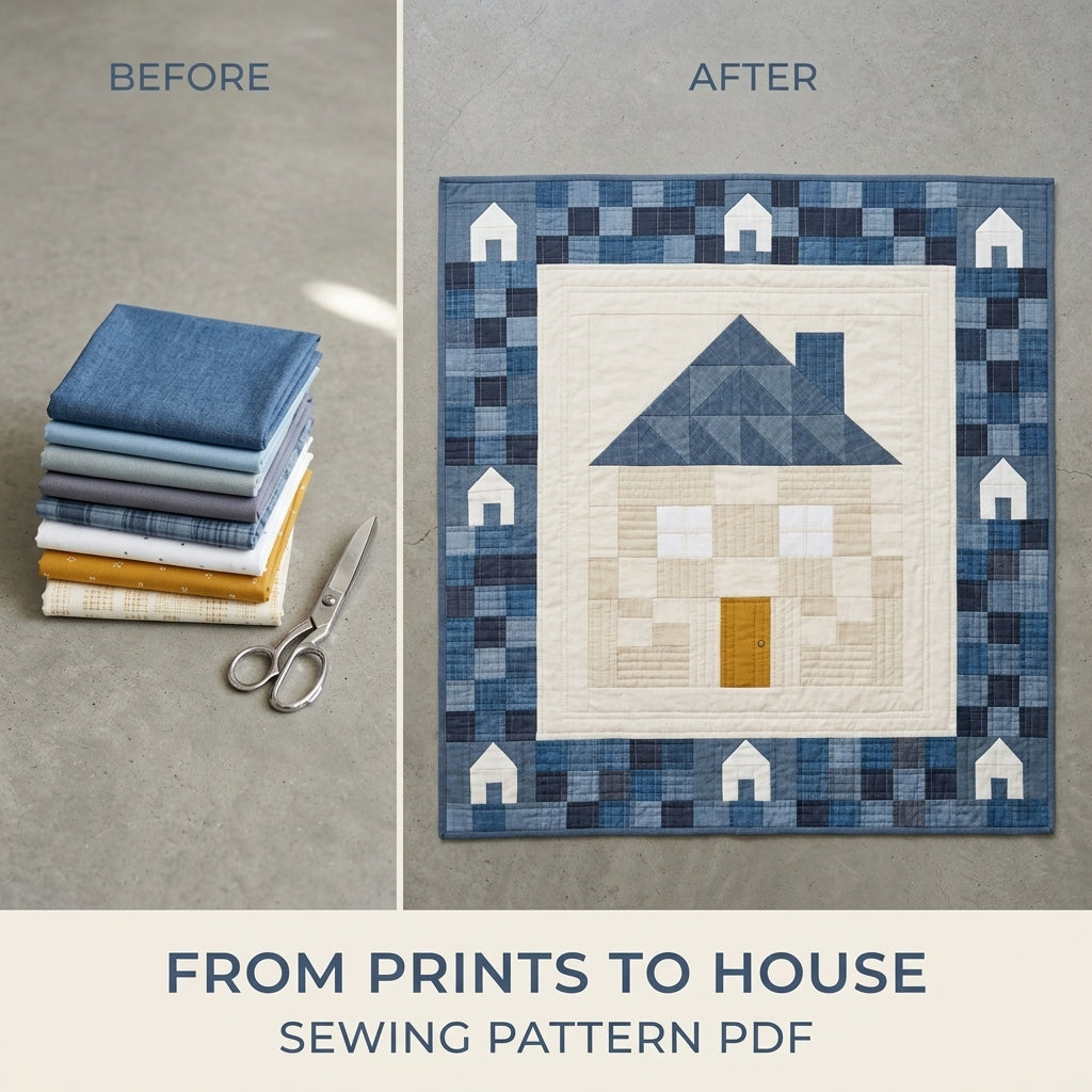 Little House Baby Quilt Pattern PDF – Pieced Nursery Quilt with Blue Checkerboard Border