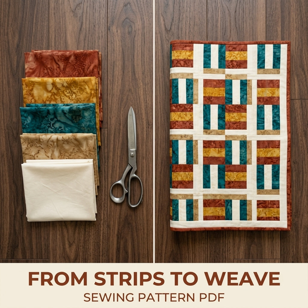 Modern Woven Quilt Pattern PDF – Basket Weave Strip Throw Quilt in Rust, Gold and Teal