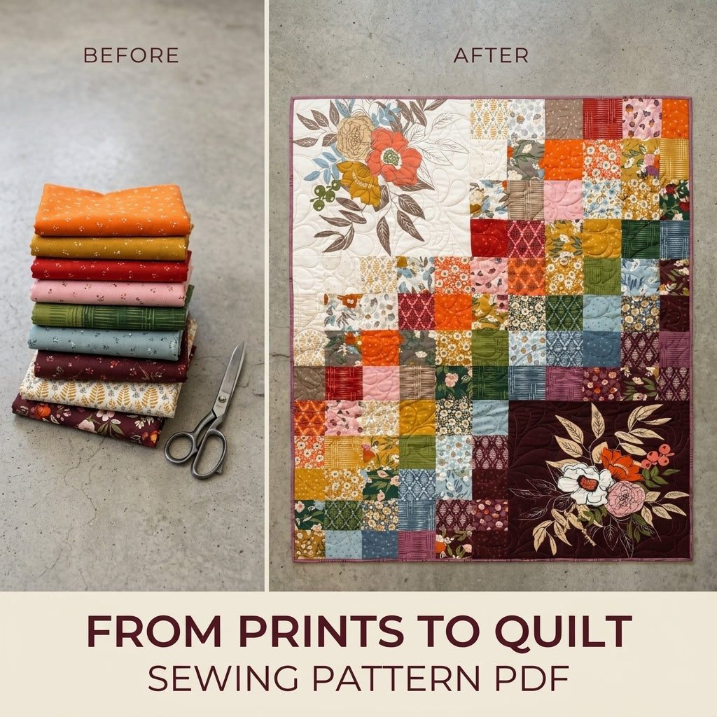 Floral Panel Scrappy Quilt Pattern PDF – Big Print Showcase Throw with Patchwork Squares