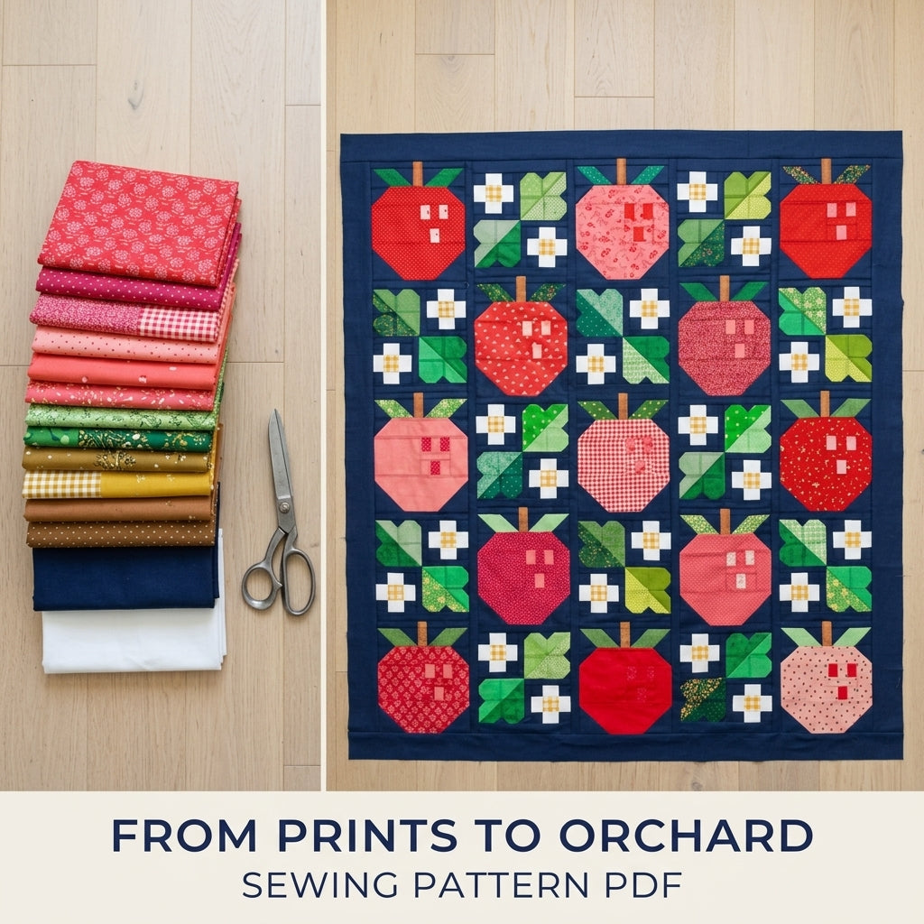 Apple Orchard Quilt Pattern PDF – Pieced Apple and Blossom Block Throw on Navy