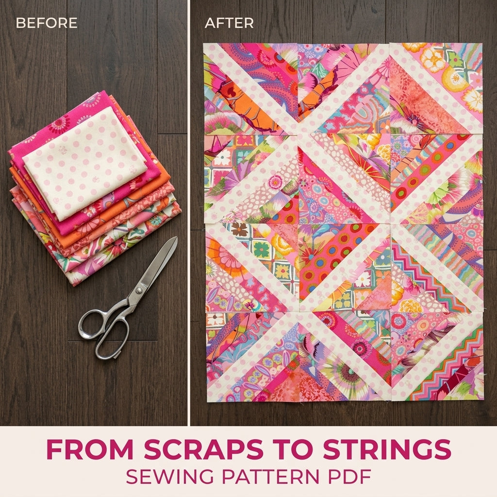 Pink String X Quilt Pattern PDF – Scrappy String Pieced Quilt with Polka Dot Strips