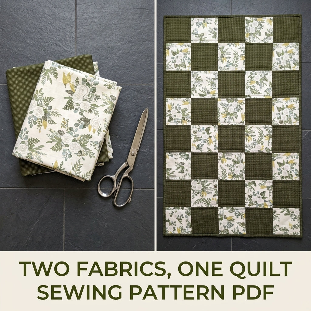 Olive Botanical Checkerboard Lap Quilt Sewing Pattern PDF – Easy Two Fabric Quilt