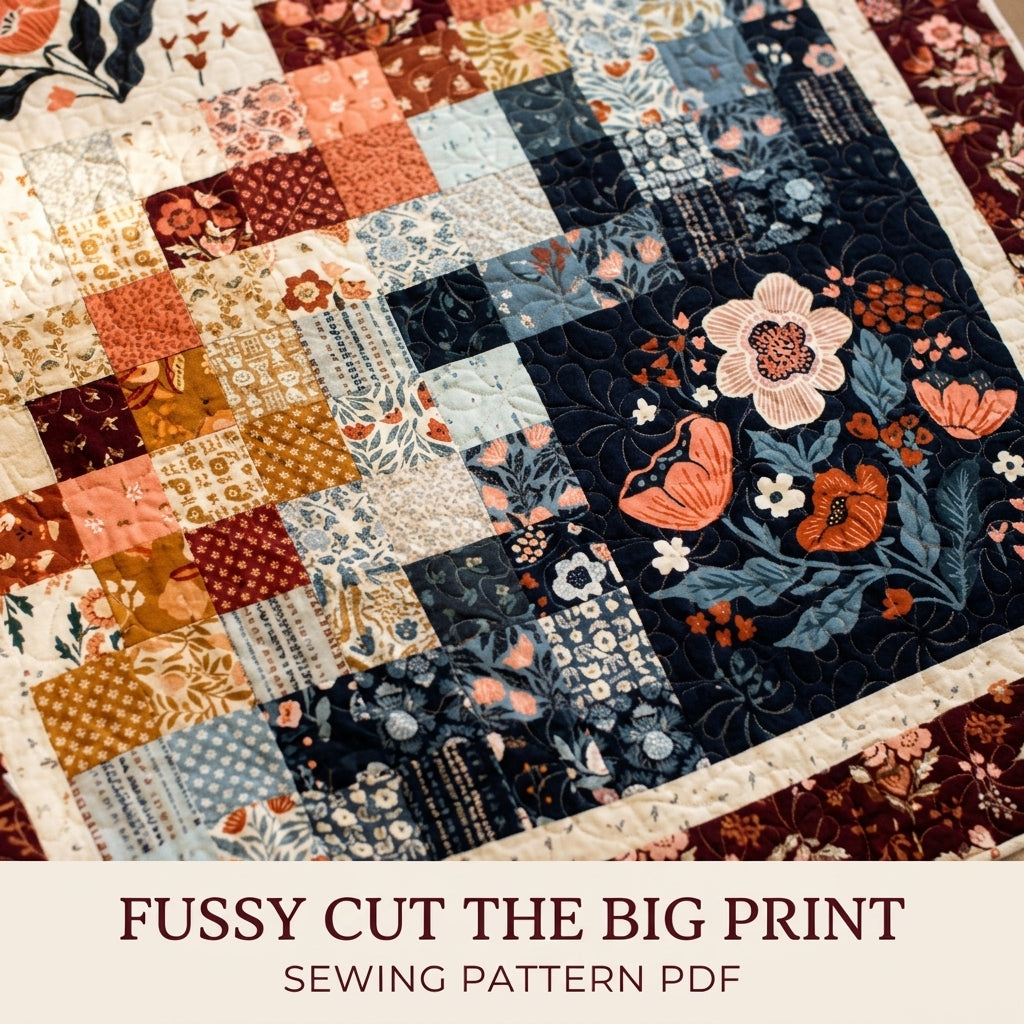 Navy and Burgundy Floral Panel Squares Quilt Sewing Pattern PDF – Easy Quilt with Two Large Print Blocks