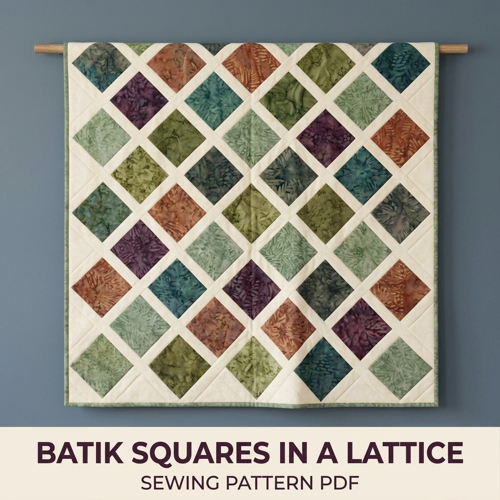 Modern Lattice Quilt Pattern PDF – Square Throw Quilt with Batik Blocks and Cream Sashing