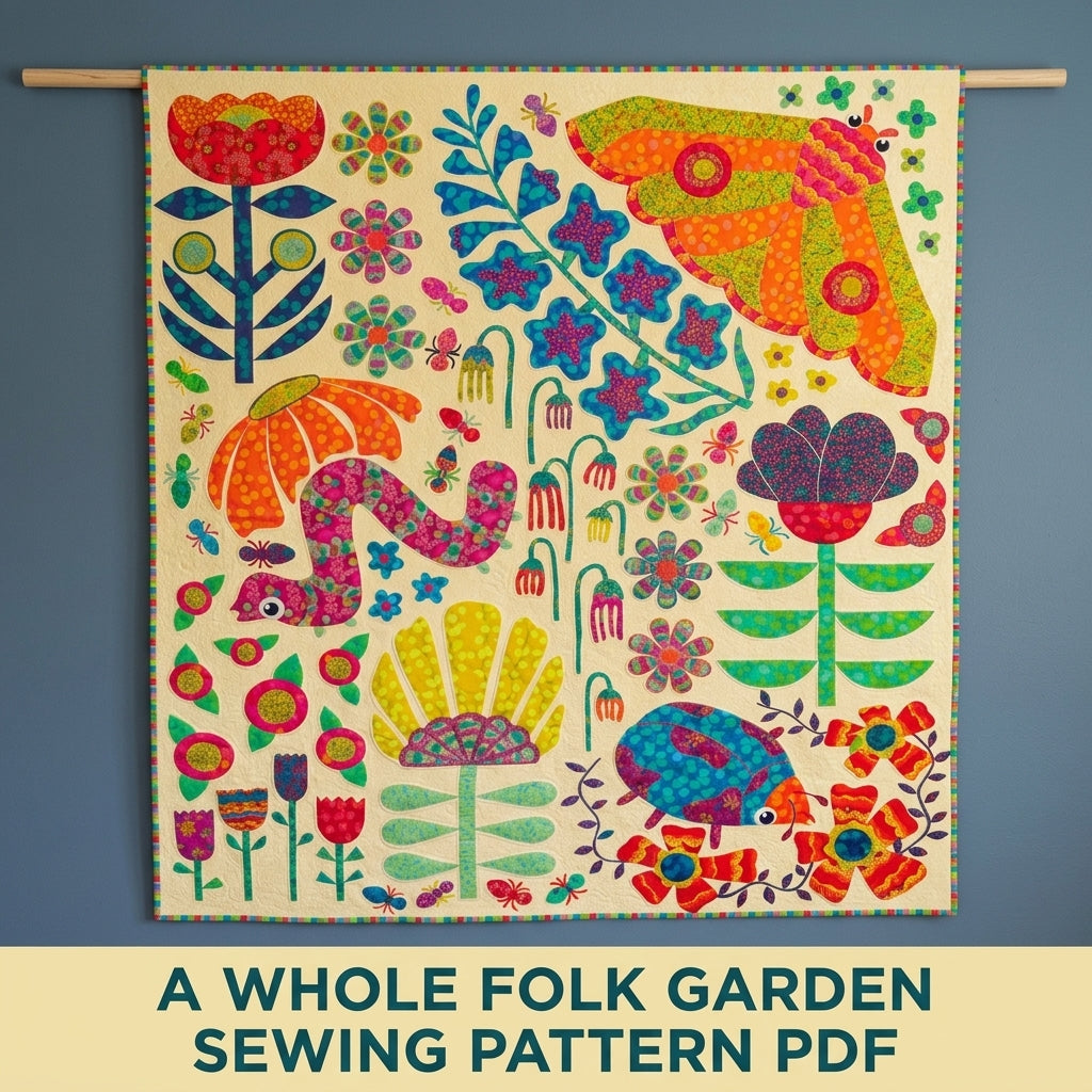 Folk Garden Appliqué Quilt Pattern PDF – Bold Flower and Bug Statement Quilt