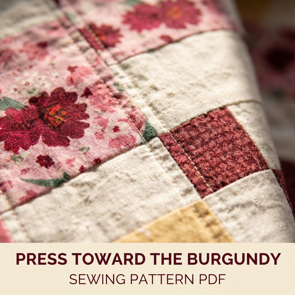 Burgundy Steps Squares Quilt Sewing Pattern PDF – Big Print Squares with Stepping Cornerstones