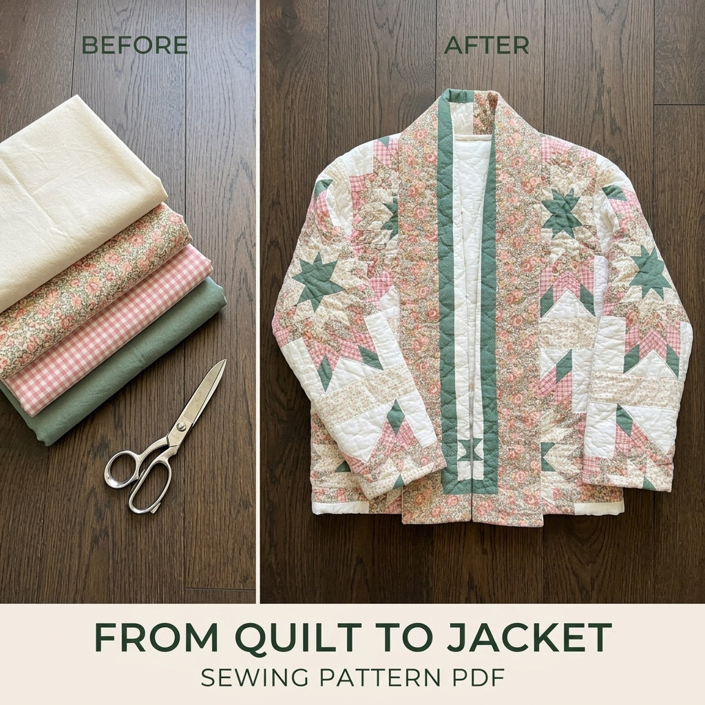 Star Quilt Shawl Collar Jacket Sewing Pattern PDF – Upcycled Quilt Jacket