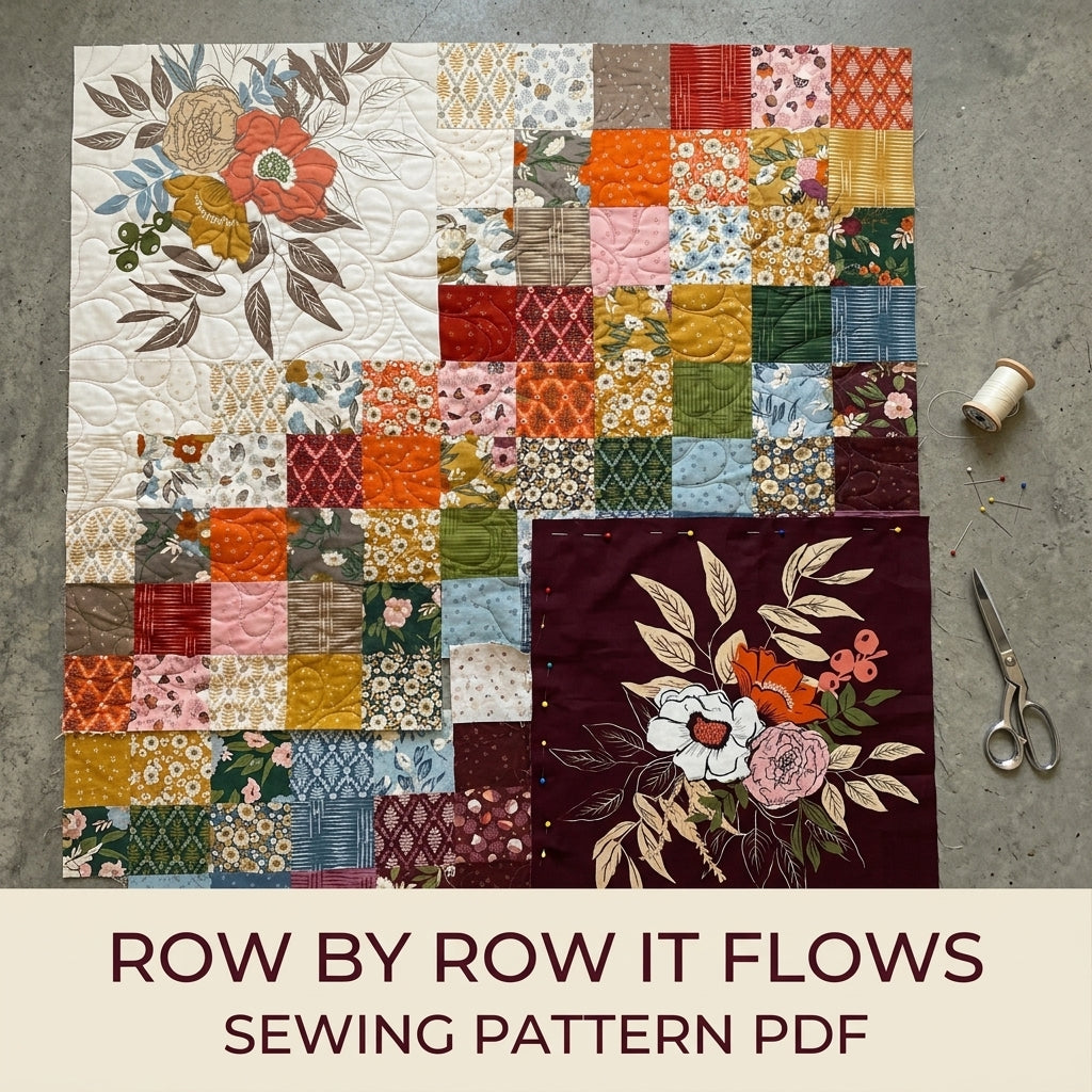 Floral Panel Scrappy Quilt Pattern PDF – Big Print Showcase Throw with Patchwork Squares