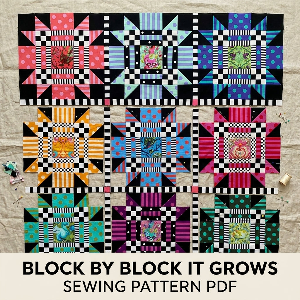 Star Checker Frame Quilt Pattern PDF – Bold Fussy Cut Star Block Quilt on Black