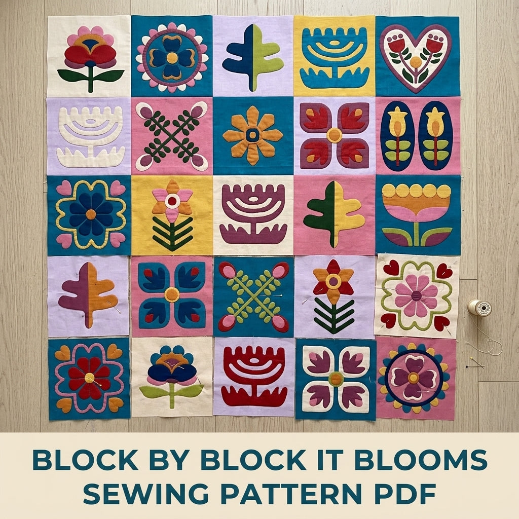 Folk Flower Sampler Quilt Pattern PDF – Scandinavian Appliqué Block Throw Quilt