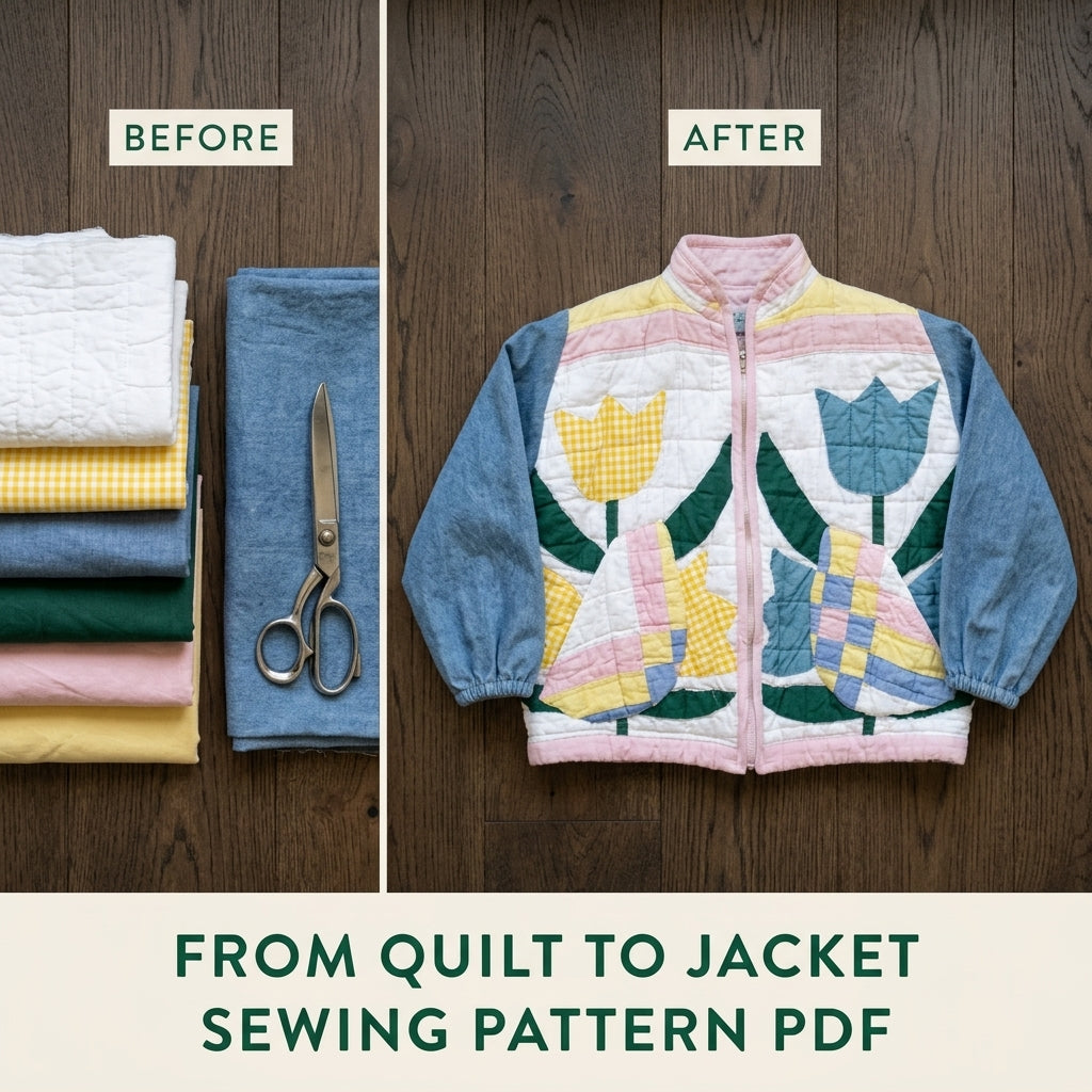 Kids Tulip Quilt Jacket Sewing Pattern PDF – Children's Quilted Zip Jacket with Denim Sleeves