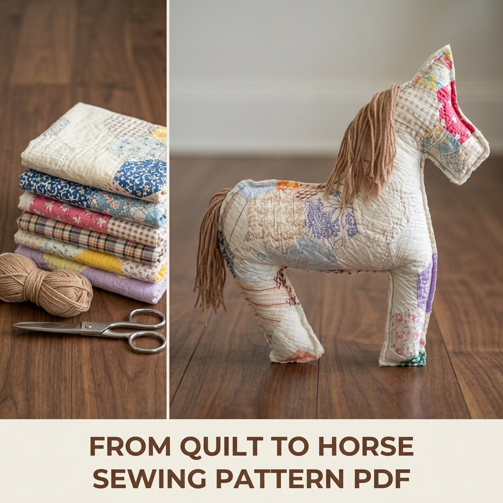 Patchwork Quilt Horse Sewing Pattern PDF – Stuffed Horse from Old Quilt Scraps