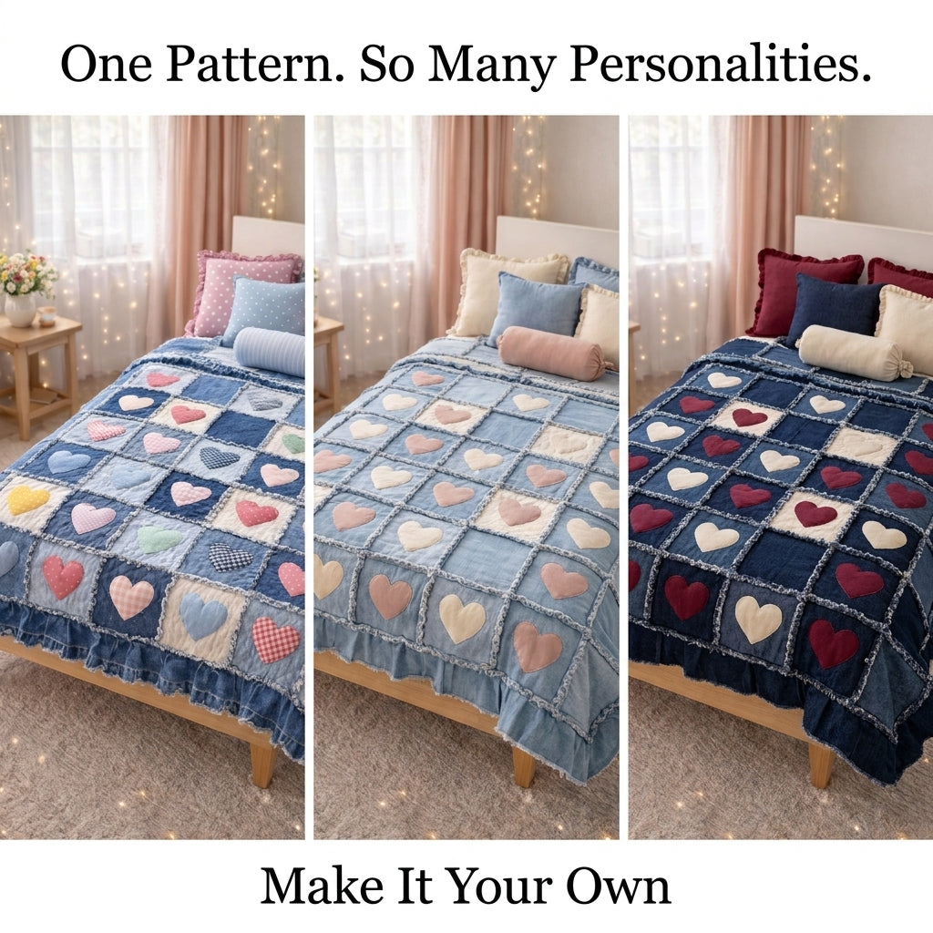 Denim Heart Rag Quilt Pattern โ Upcycled Jeans Patchwork Quilt