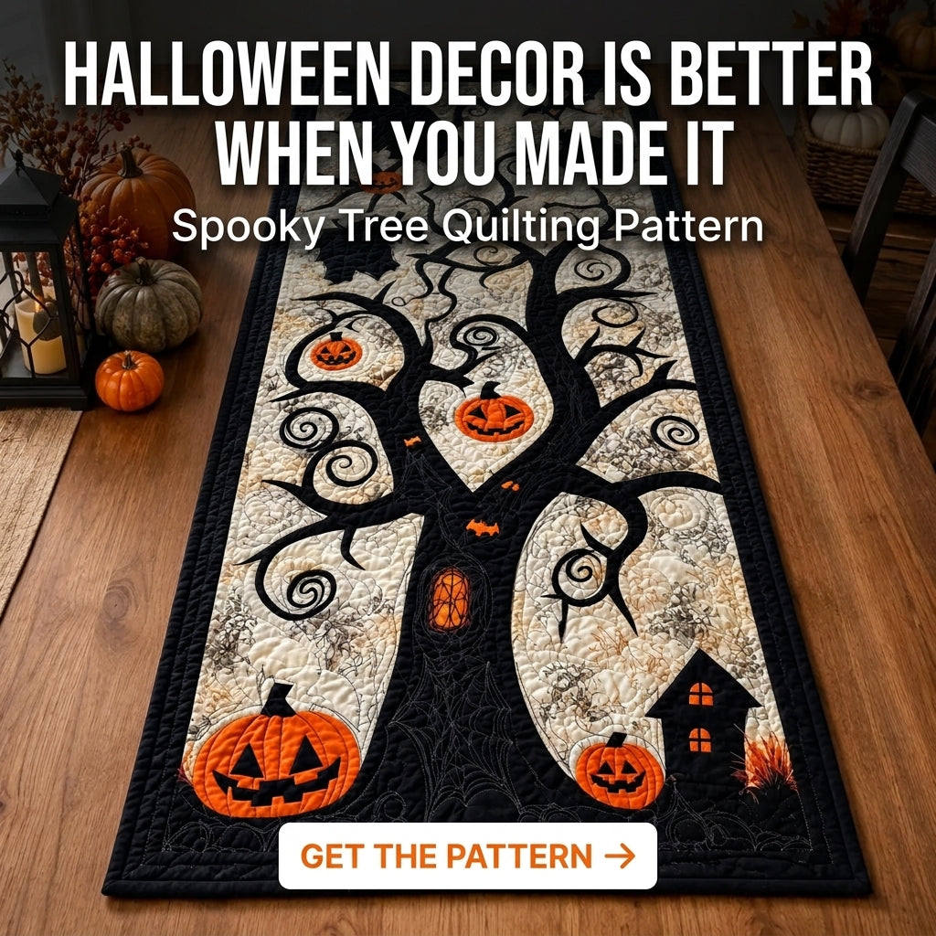 Halloween Table Runner PDF Quilt Pattern | Appliqué Spooky Tree with Jack-O'-Lanterns & Bats | Intermediate Quilting Project | Instant Download