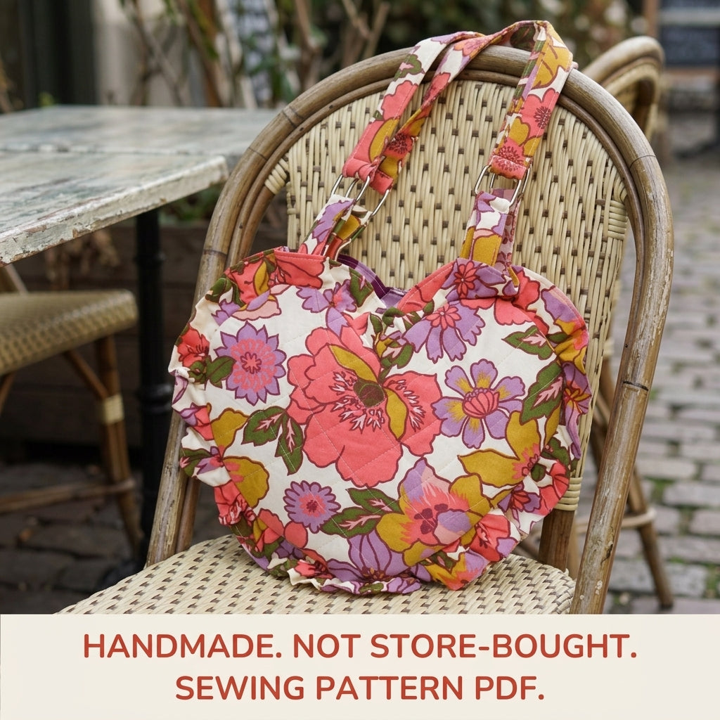 Floral Ruffle Heart Bag Sewing Pattern PDF – Quilted Heart Shoulder Bag with Ruffle