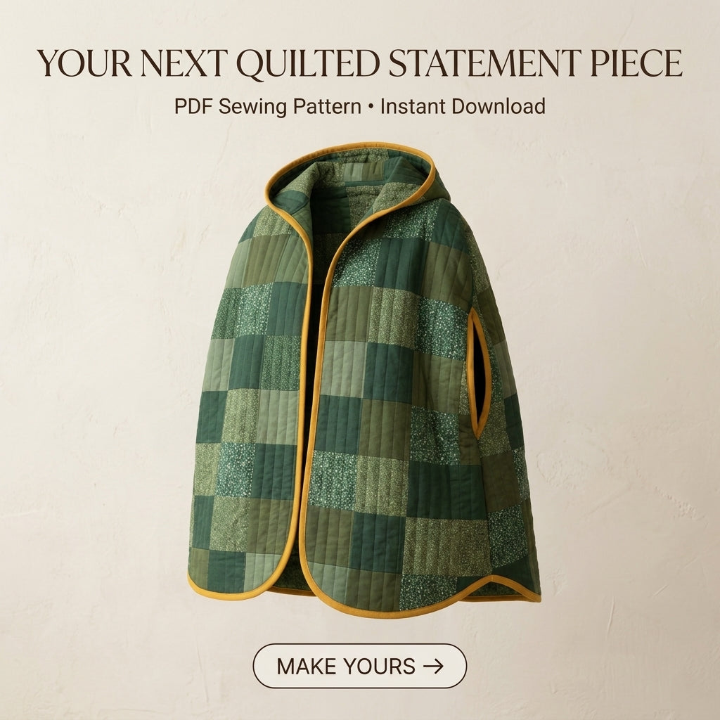 Quilted Cape Sewing Pattern – Hooded Patchwork Cape with Arm Slits