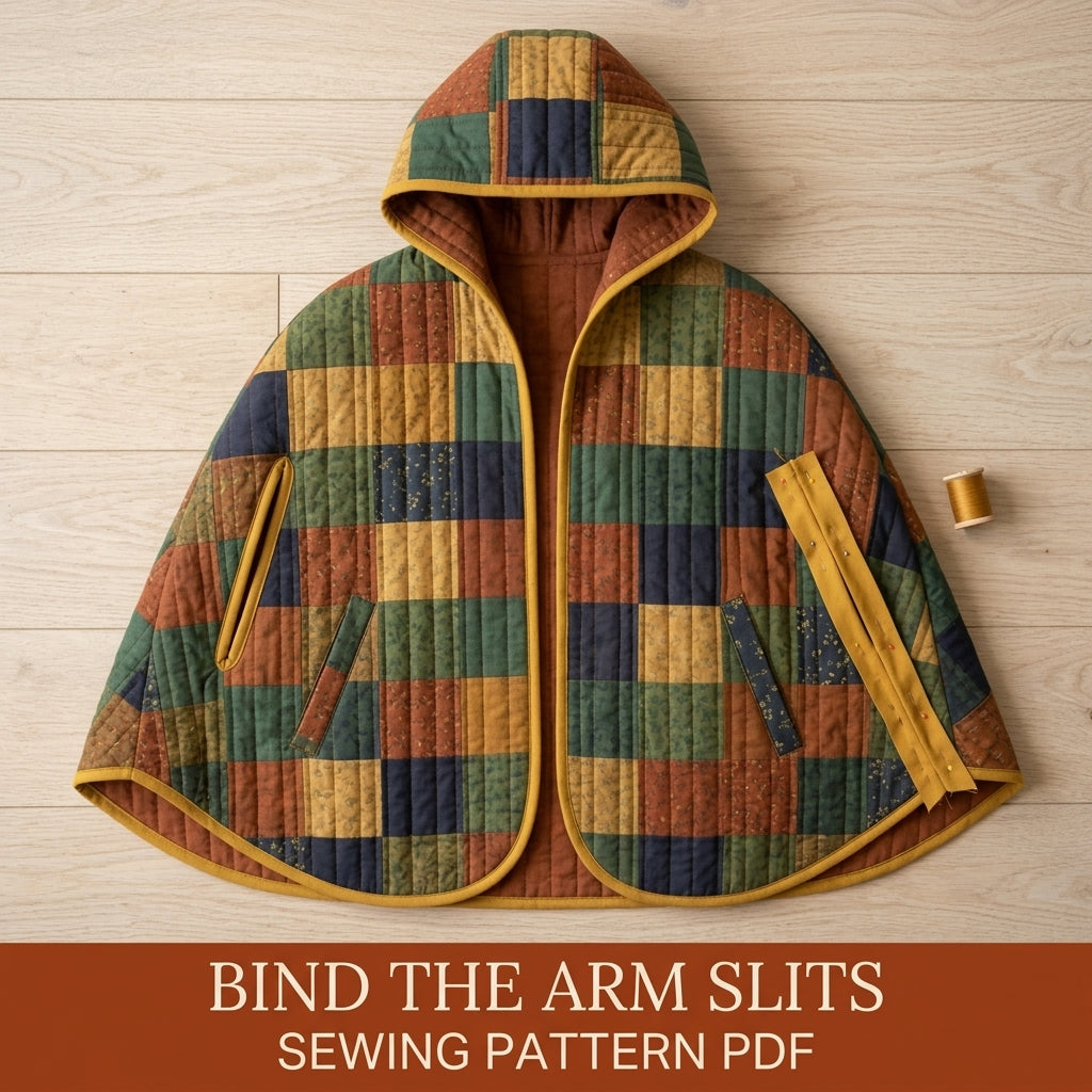 Hooded Quilted Capelet Sewing Pattern PDF – Patchwork Cape with Arm Slits and Bias Binding