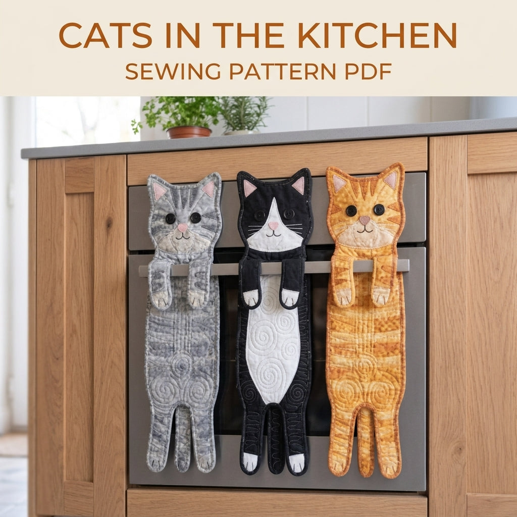 Quilted Cat Oven Towels Sewing Pattern PDF – Hanging Cat Kitchen Towels
