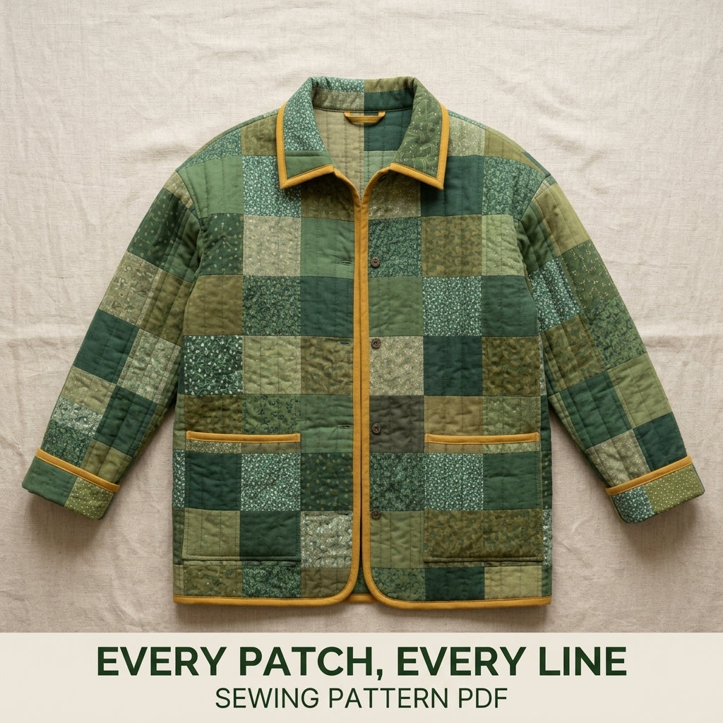 Quilted Patchwork Chore Coat Sewing Pattern PDF – Boxy Hip-Length Quilt Coat with Collar and Patch Pockets