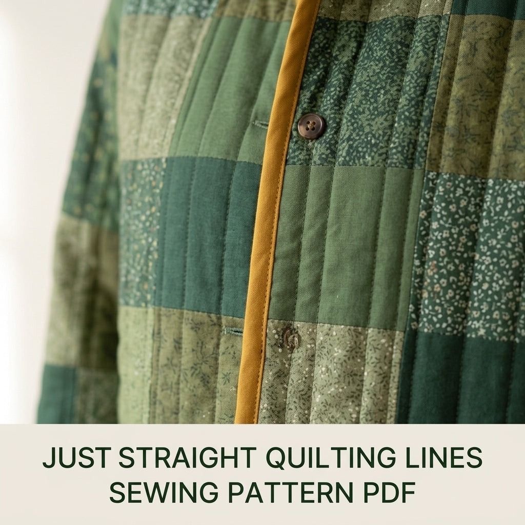 Quilted Patchwork Chore Coat Sewing Pattern PDF – Boxy Hip-Length Quilt Coat with Collar and Patch Pockets