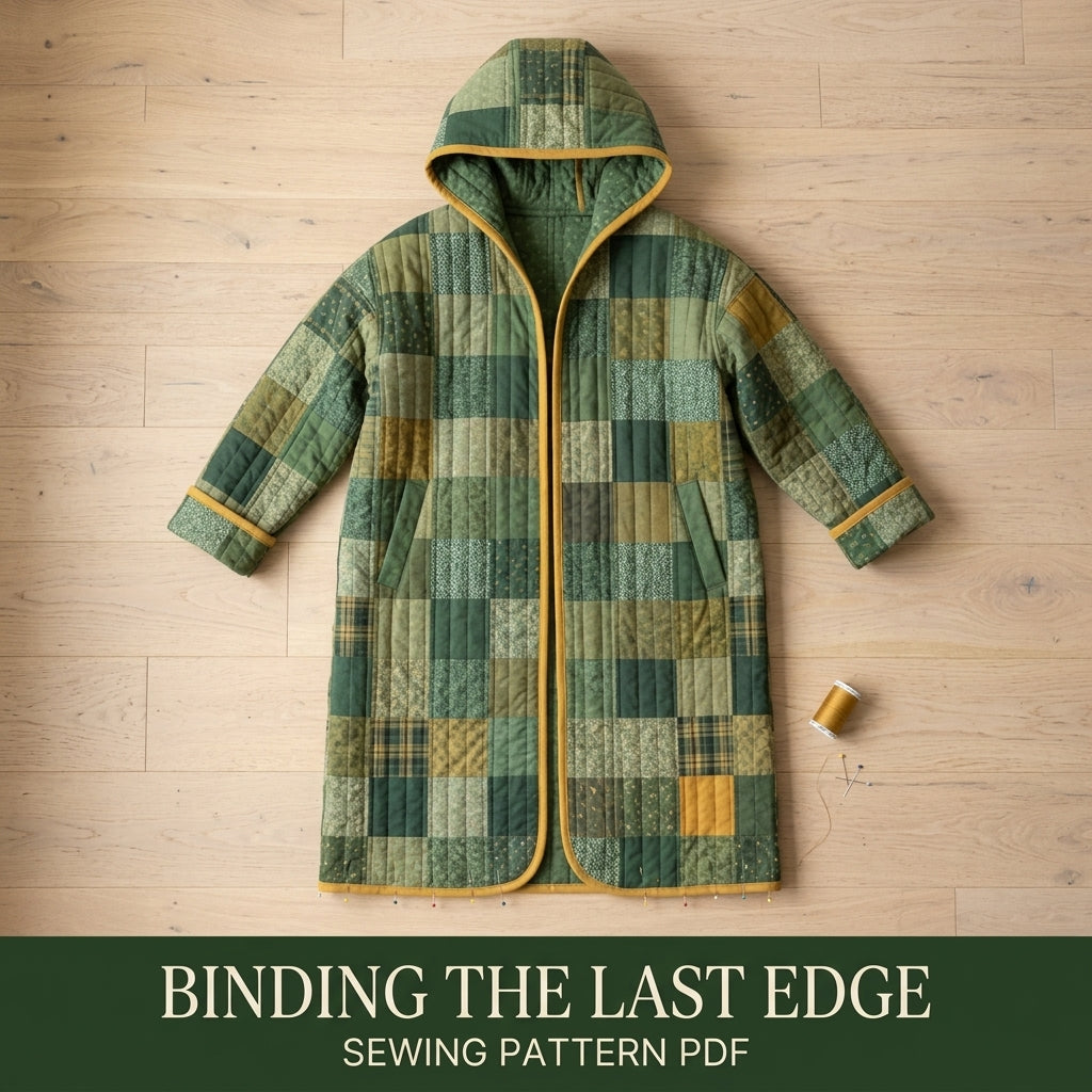 Hooded Quilted Duster Coat Sewing Pattern PDF – Knee-Length Patchwork Quilt Coat with Bias Binding