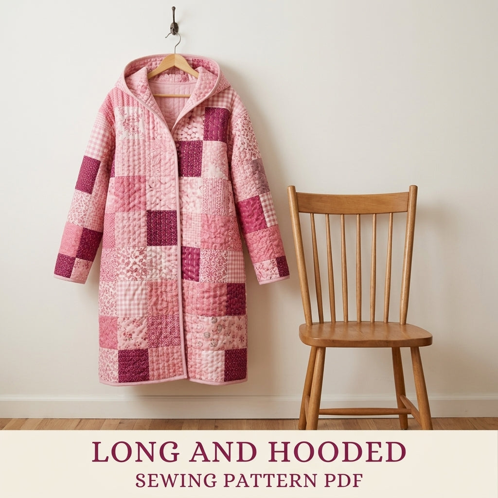 Pink Patchwork Hooded Quilt Coat Sewing Pattern PDF – Long Quilted Coat