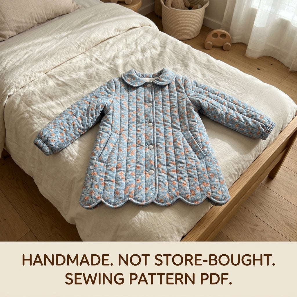 Children's Quilted Scallop Coat Sewing Pattern PDF – Girls' Scalloped Hem Coat with Rounded Collar
