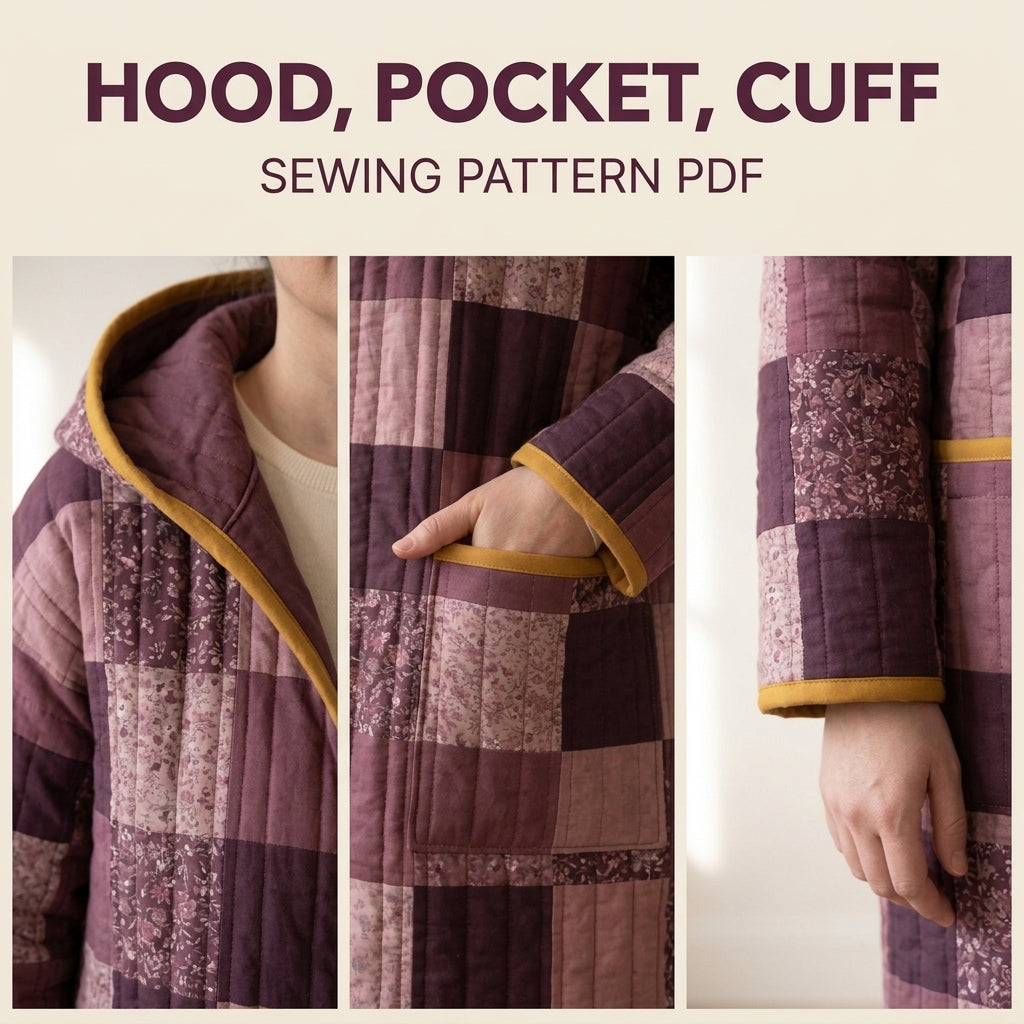 Hooded Quilted Coat Sewing Pattern PDF – Knee-Length Patchwork Quilt Coat with Bias Binding