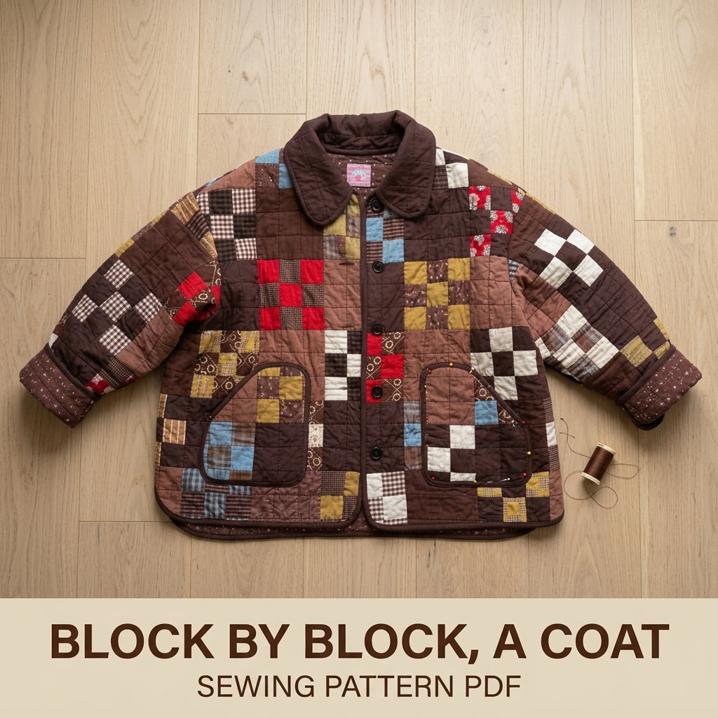 Scrappy Patchwork Quilted Coat Sewing Pattern PDF – Boxy Quilt Coat with Collar and Patch Pockets