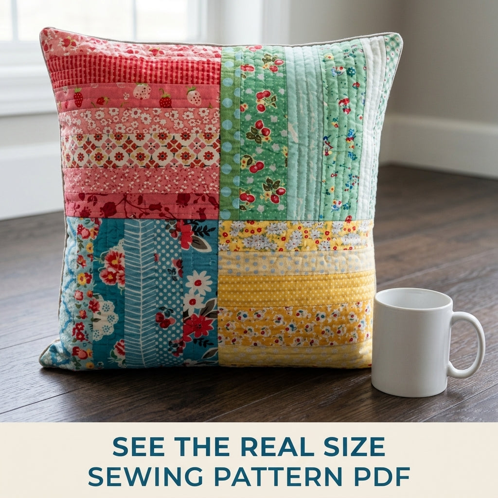 Four Quadrant Strip Cushion Sewing Pattern PDF – Scrappy Quilted Pillow