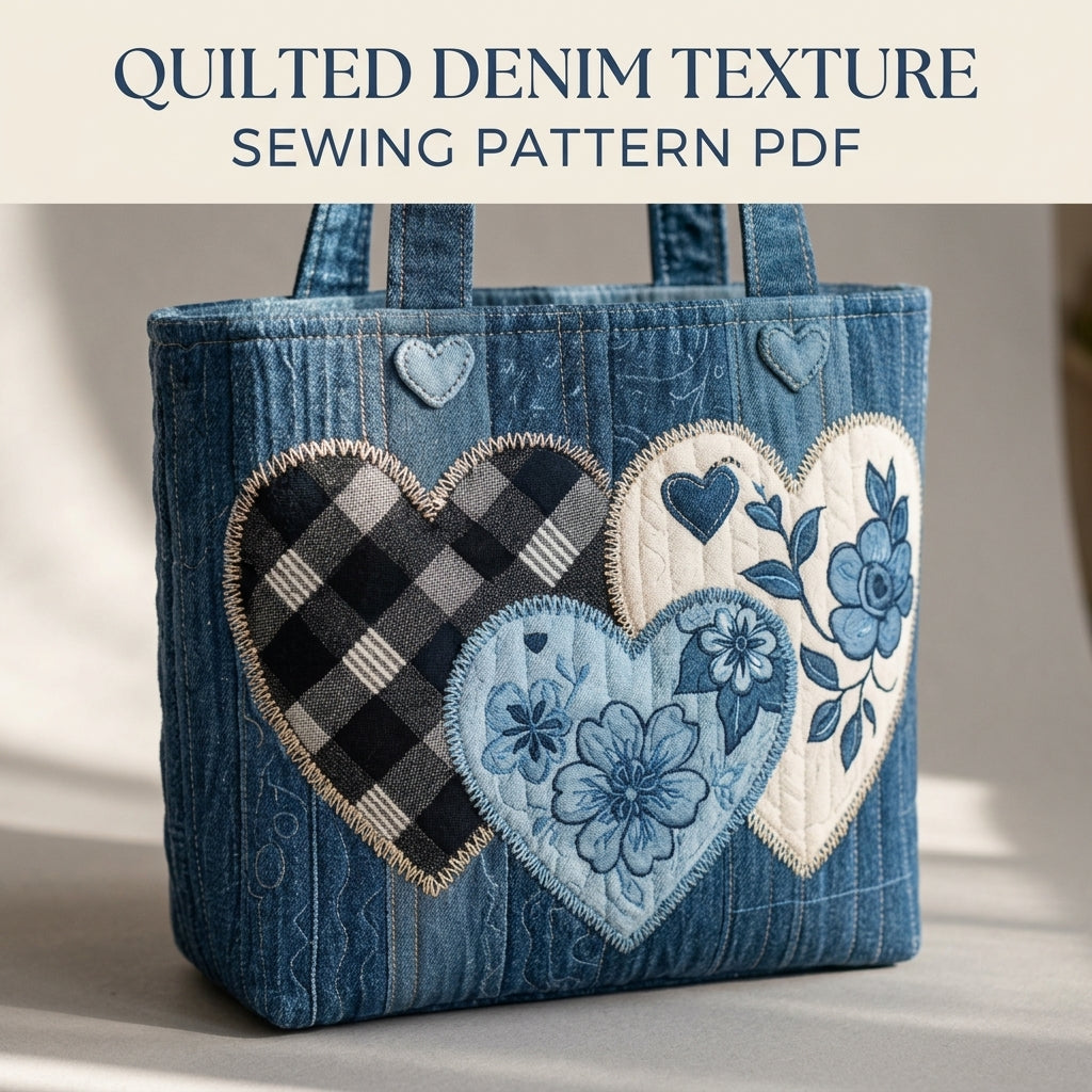 Denim Hearts Quilted Tote Sewing Pattern PDF – Upcycled Jeans Bag with Heart Appliqué