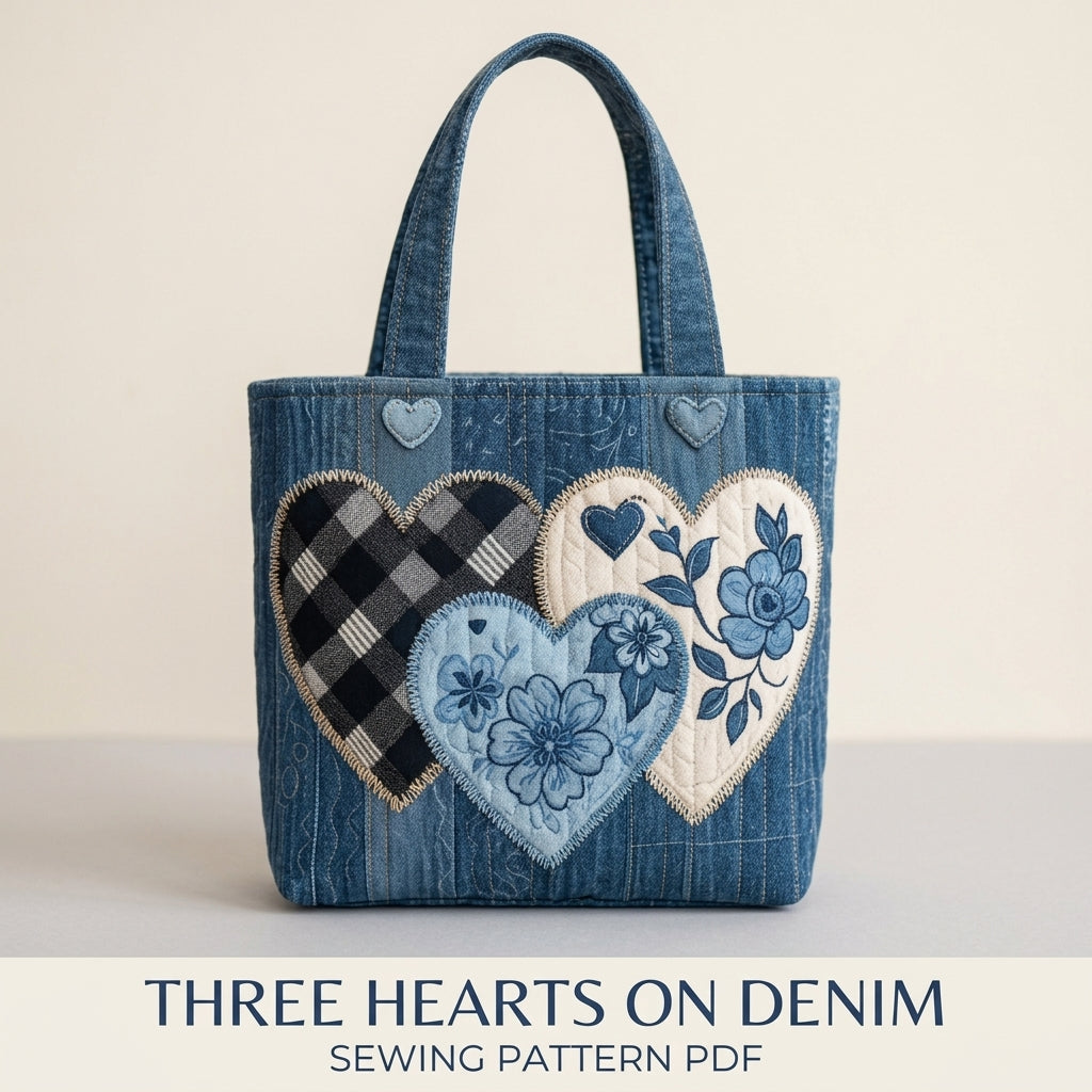 Denim Hearts Quilted Tote Sewing Pattern PDF – Upcycled Jeans Bag with Heart Appliqué