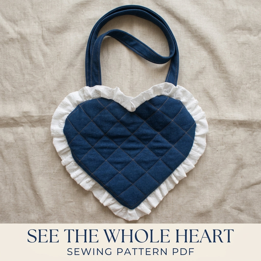 Denim Eyelet Heart Bag Sewing Pattern PDF – Quilted Heart Purse with Lace Ruffle
