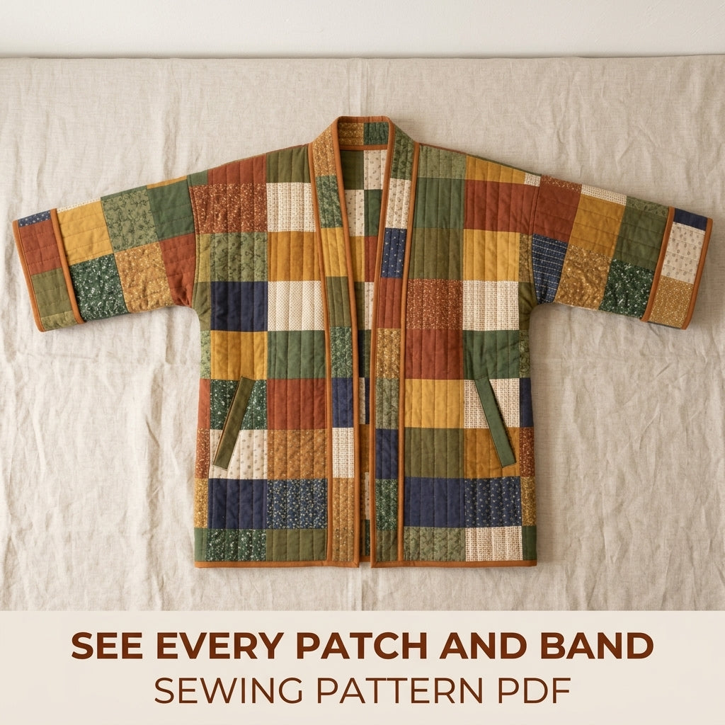Quilted Kimono Jacket Sewing Pattern PDF – Patchwork Kimono Wrap with Wide Sleeves and Band Collar