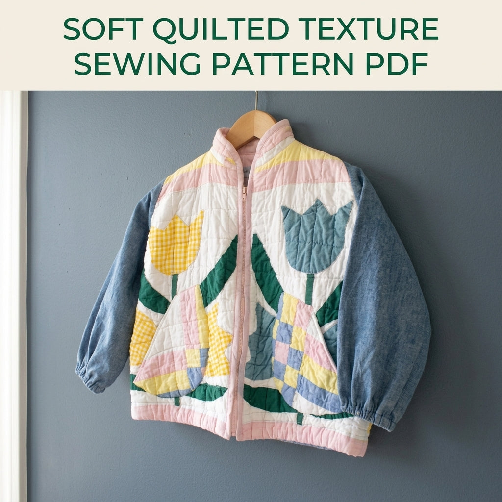 Kids Tulip Quilt Jacket Sewing Pattern PDF – Children's Quilted Zip Jacket with Denim Sleeves